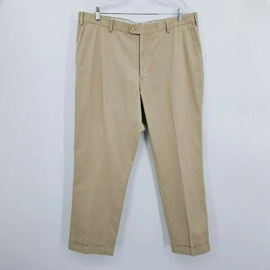 Peter Millar Khaki Pants 40 Raleigh Washed Twill Flat Front Pima Cotton Cuffed
