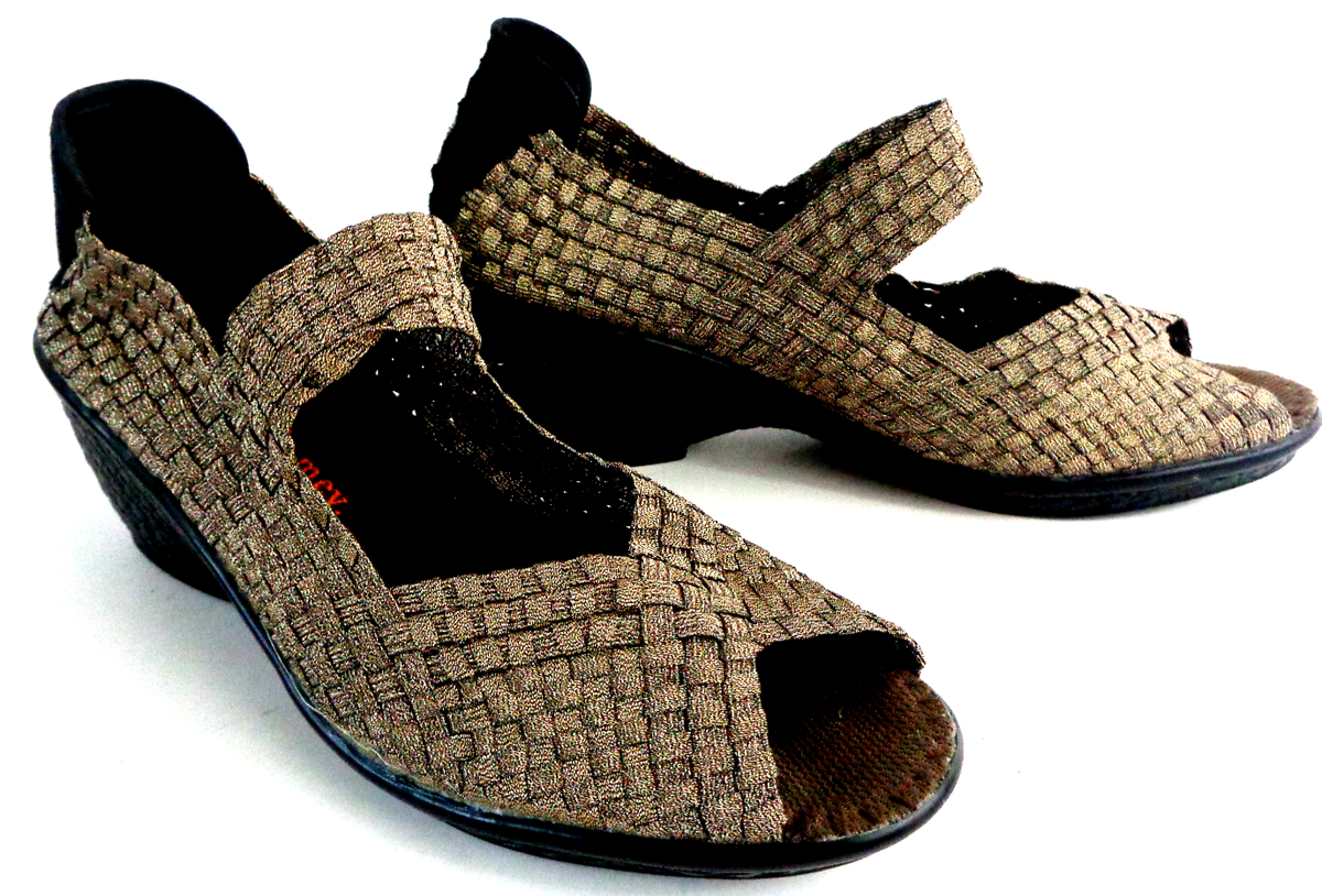 BERNIE MEV EU 41 US 10m HALLE Woven Gold Wedge Slip On Peep Toe Sandals  Shoes