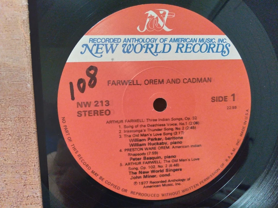 FARWELL OREM CADMAN American Indian Themes LP EX, New World Records NW 213 - Image 2 of 4