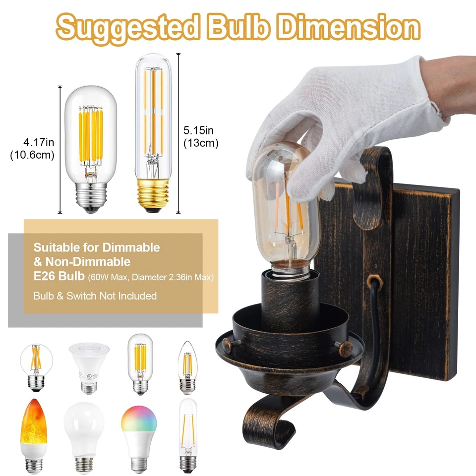 2 Pack Rustic Wall Light Vintage Oil Rubbed Bronze Sconce Amber Glass Fixtures - Image 3 of 4