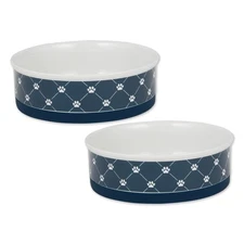 Navy Pet Feeder Full Dinner Set Set of 2 Large Ceramic Bowls 7.5 Inch