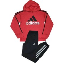 Adidas Essentials Youth Medium 10-12 Red Hoodie  Black 3-Stripe Track Pants Set