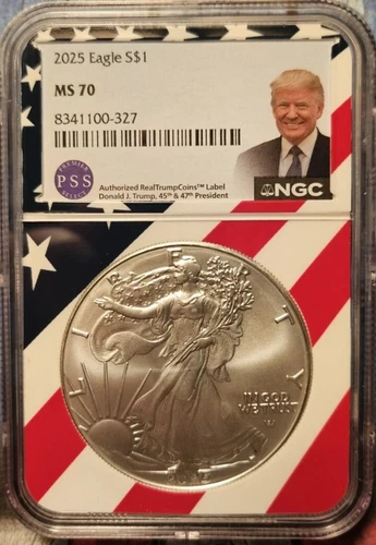 2025 $1 American Silver Eagle Trump Label Flag Core NGC MS70
