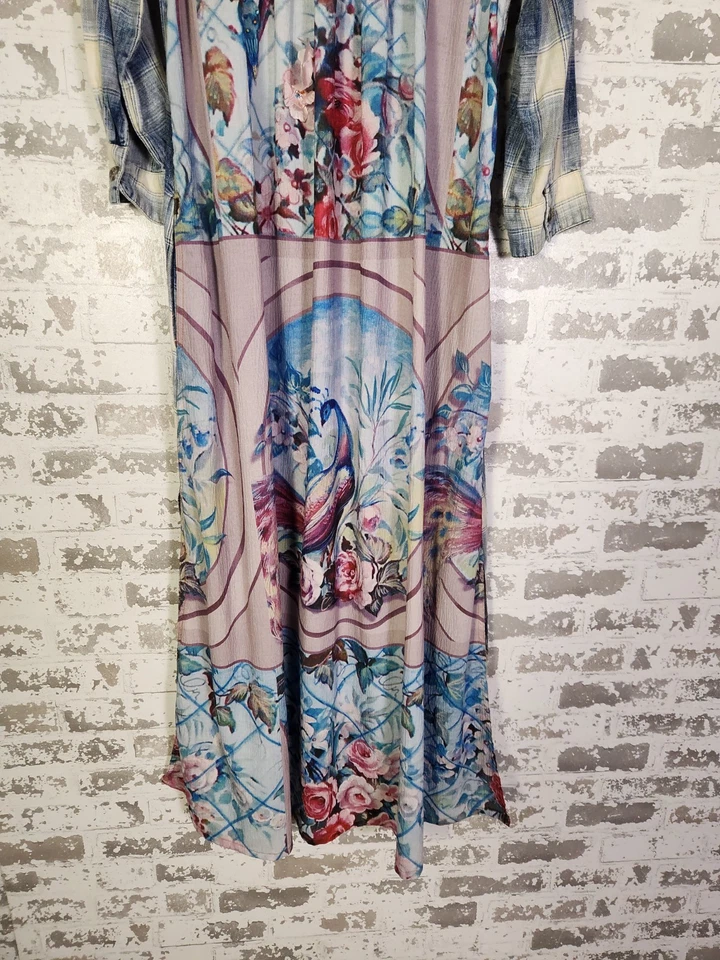 Aratta Silent Journey Maxi Dress Small Blue Plaid Floral Boho Embellished  - Image 3 of 4