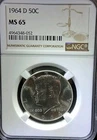 1964-D  50C Kennedy Half Dollar NGC MS65 90% Silver