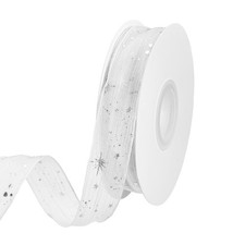 Star Ribbon Silver Stars Print Trim Sheer Ribbon 1" x 10Yards White 2Roll