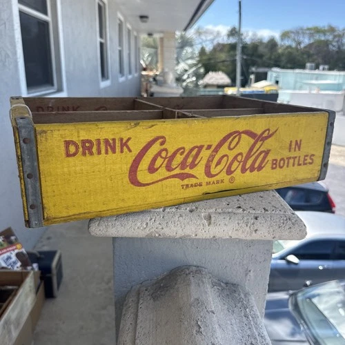 Vintage Coca Cola Wooden Crate With Yellow Paint