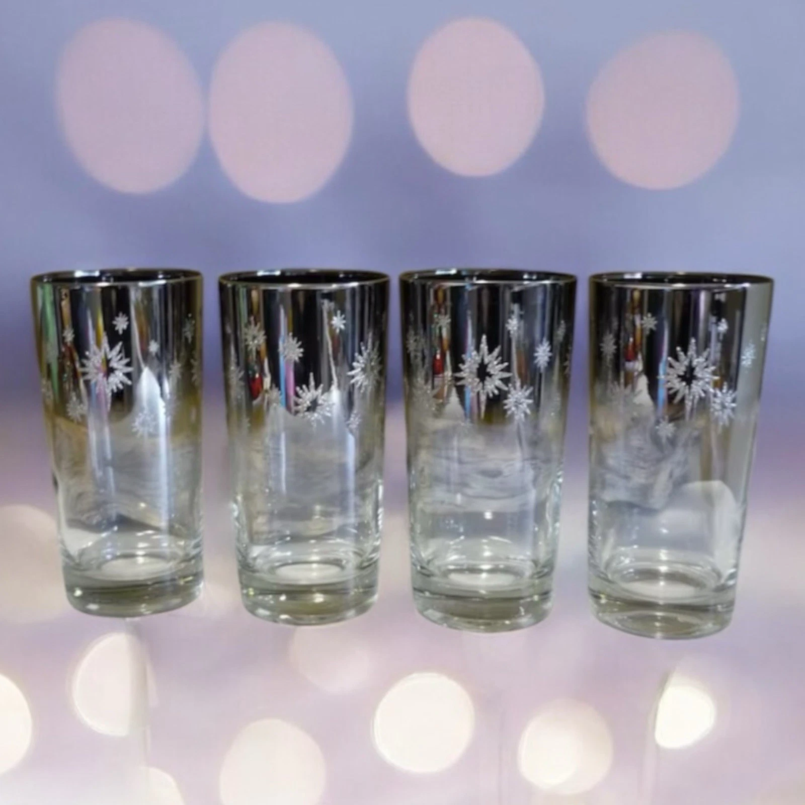 4 MIDCENTURY STARBURST SILVER BAND MIRRORED HIGHBALL GLASSES BARWARE Never Used