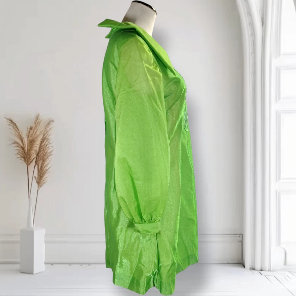 Винтажный 70-х бисером лайм зеленый мини-платье размер 10 чистый шар рукав Shift - Изображение 3 из 4