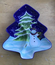 Gates Ware 3 PART TREE SHAPED RELISH DISH with Snowman Laurie Gates Holiday Xmas