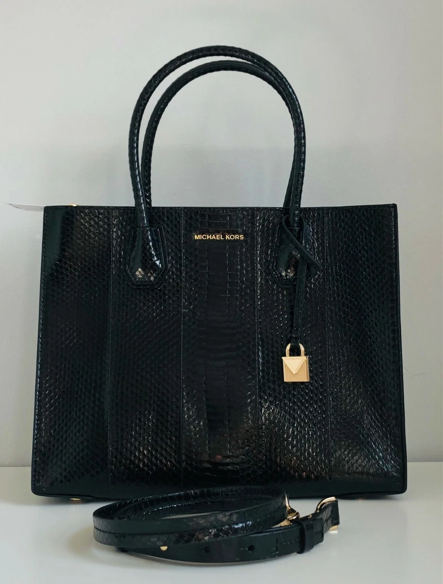 NWT MICHAEL KORS Mercer Large Convertible Genuine Snakeskin Tote in BLACK 498