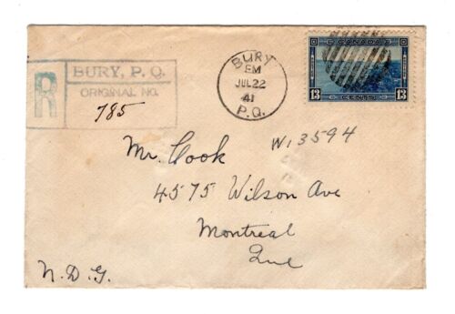 Canada QC Quebec - Bury 1941 CDS - Registered RPO Cover to Montreal - - Photo 1 sur 2