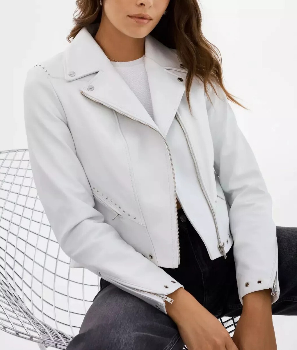 Women White Handmade Genuine Lambskin Biker Moto Stylish Studded