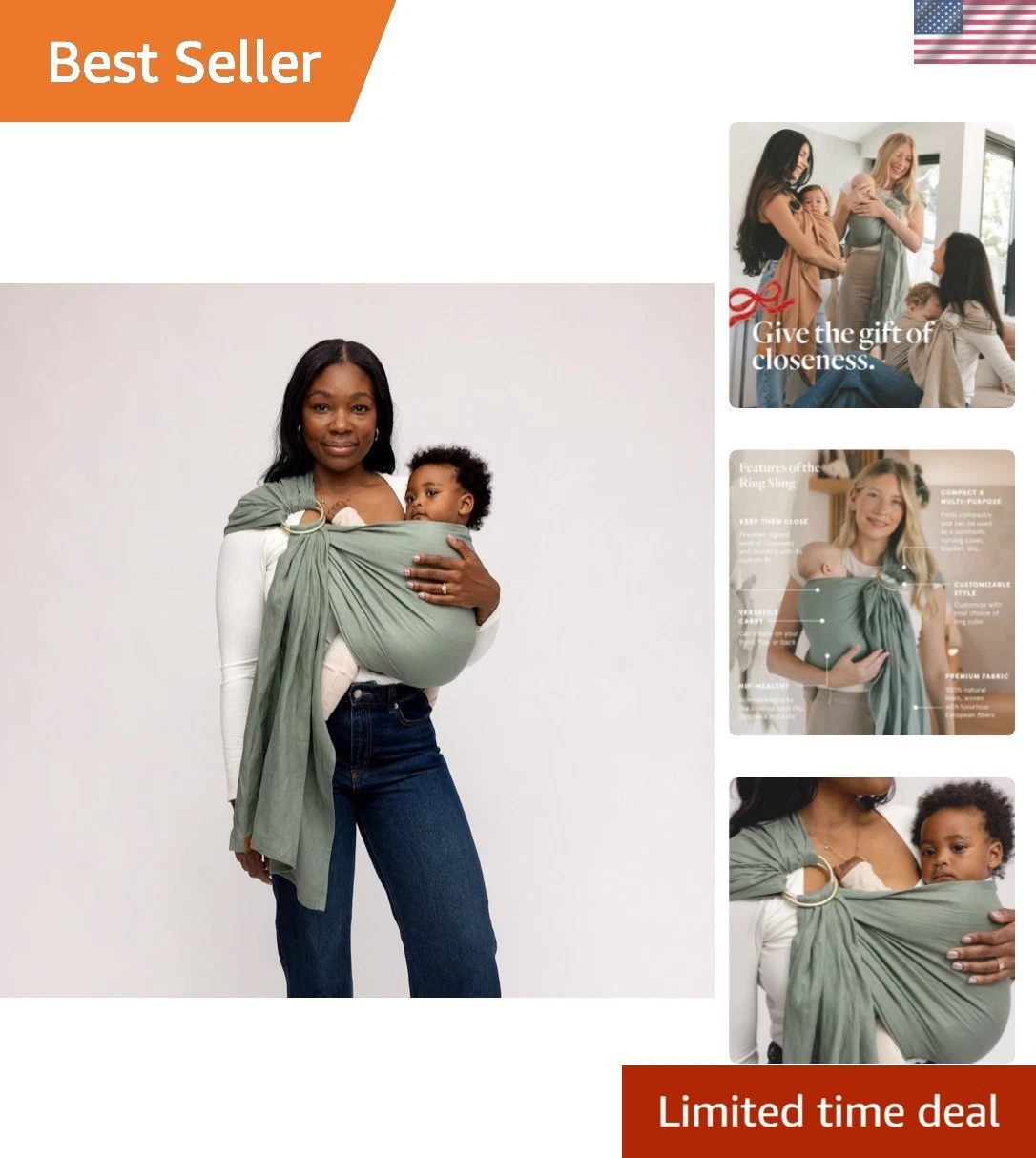 Natural Linen Baby Carrier - Ring Sling for Newborns to Toddlers - 74” Standard