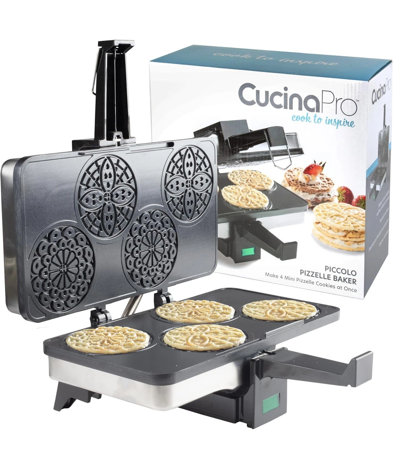 Piccolo Pizzelle Baker - Electric Press Makes 4 Mini Cookies at Once, Nonstick