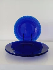 3 pcs Bormioli Rocco Duralex Cobalt Blue Glass Swirl Dinner Plates 9" FRANCE