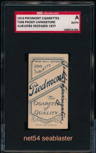 1910 T206 PIEDMONT Paddy Livingstone signed card SGC rare autographed Livingston