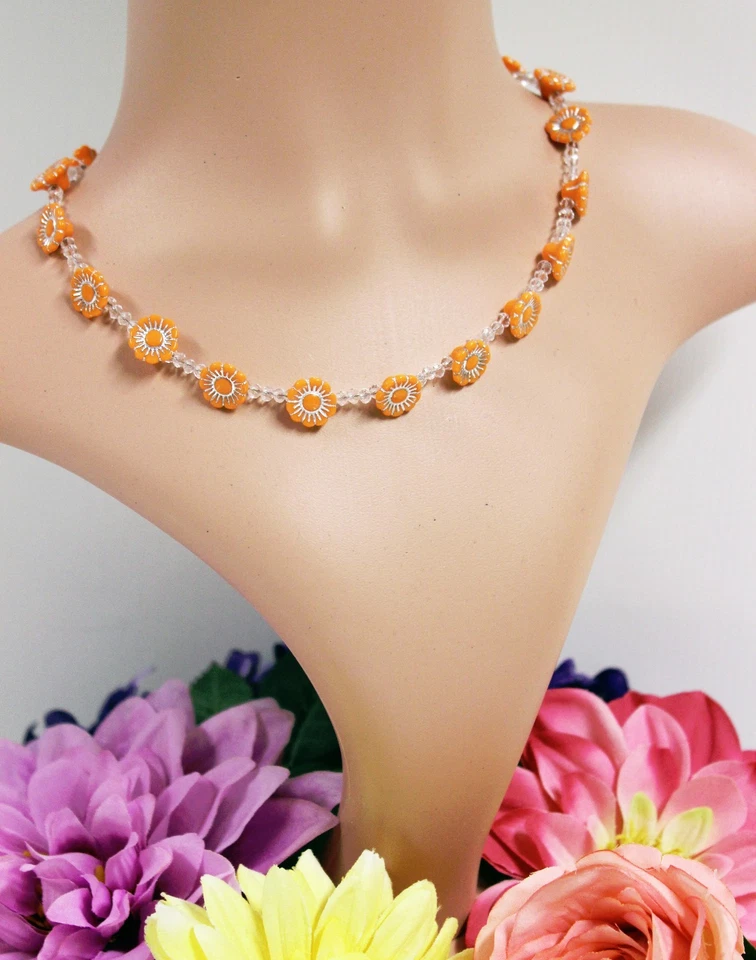 Collana Bambina Bella In Argento Con Perle E Fiori Arancioni In Acrilico #M092 - Immagine 3 di 3