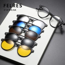 5 in 1 Magnetic Clip-on Polarized Sunglasses Men Women Round Glasses Frame New