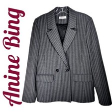 ANINE BING Becky Gray Pinstriped Blazer Doubl...