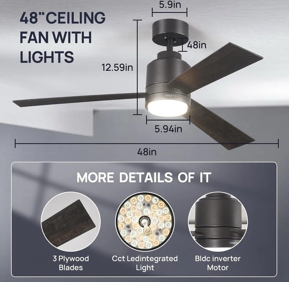 48" Modern Ceiling Fan with LED Light Kit & Remote Control - Black - Image 2 of 4