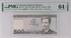 LITHUANIA 500 Litu (1991) UNC banknote Litas low s/n AA0000277 PMG MS-64