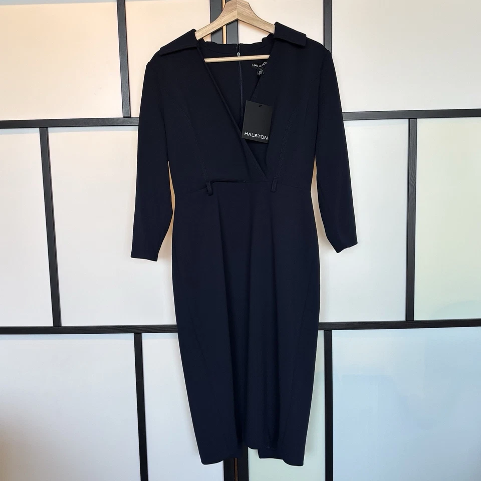 HALSTON синий воротник платье размер 10 офис карьера работы капсулы с Ярлыками ~ отсутствует ремень! - Изображение 2 из 4