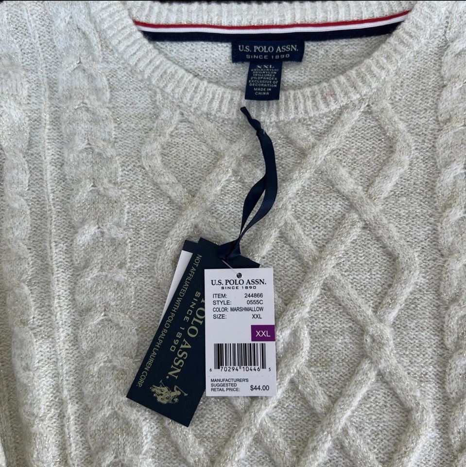 NUEVO EE. UU. Polo Assn Para Mujer Marfil Brillo Pescador Cuello Redondo Suéter Talla XXL Foto 3 de 4