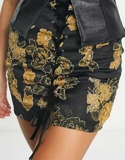 Reclaimed Vintage corset skirt w: lace trim detail in black & gold floral. Sz-6