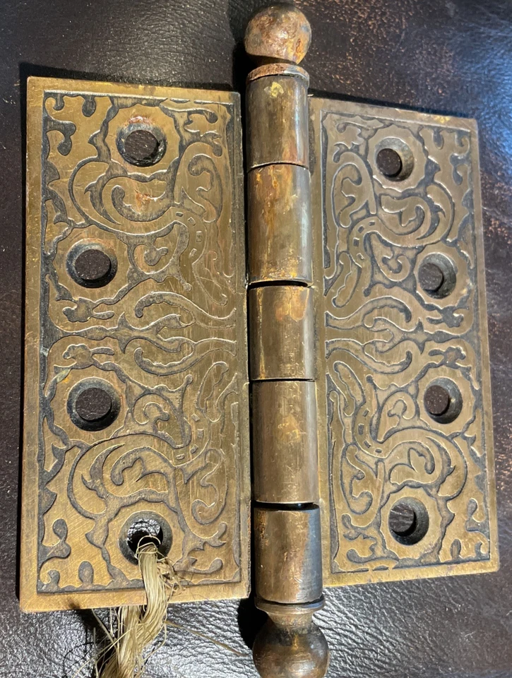 2 Matching Antique Ornate Brass Historic Hinges 4" x 4" - Image 4 of 4