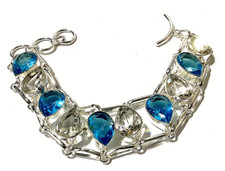 WEIß -BLAUTOPAS EDELSTEIN ARMBAND  925 Sterlingsilber  HANDGEFERTIGT 17-20 CM..