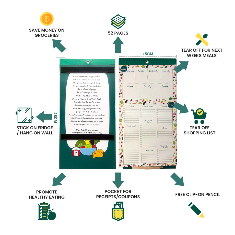 MAGNETIC Weekly Meal Planner and Shopping List Pad *52 PAGE* Fridge Magnet 6x11" - Image 2 of 4