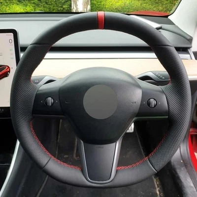 Alcantera Steering Wheel Cover Genuine Leather Wrap for TESLA MODEL Y 2019-2023 - Imagen 1 de 4