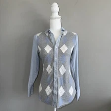Saks Fifth Avenue Womens Sz 4 Argyle Sweater Blouse 100% Cotton Button Up Preppy