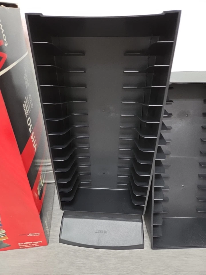 Torre de almacenamiento de cinta VHS de 50 ranuras Laserline estante de plástico negro estante multimedia (nuevo en caja) Foto 3 de 4
