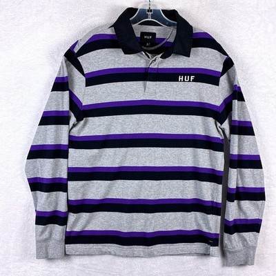 HUF Rugby Shirt Mens M Gray Purple Stripe Polo Preppy Skater Classic Y2K
