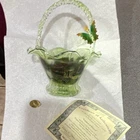 Fenton Green Hand Painted Art Glass Basket Butterfly Garden Theme 2002
