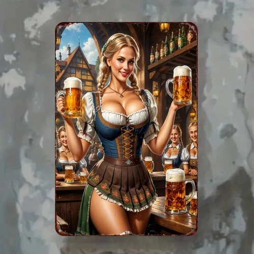 Vintage Oktoberfest Girl Metal Art Sign, 2D Aluminum Wall Tin Metal Signs