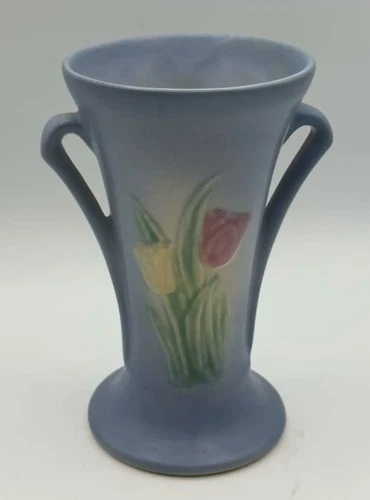 Vintage Hull Art Pottery Sueno Tulip Blue Vase w/ Double Handles. 100-33-6 1/2"