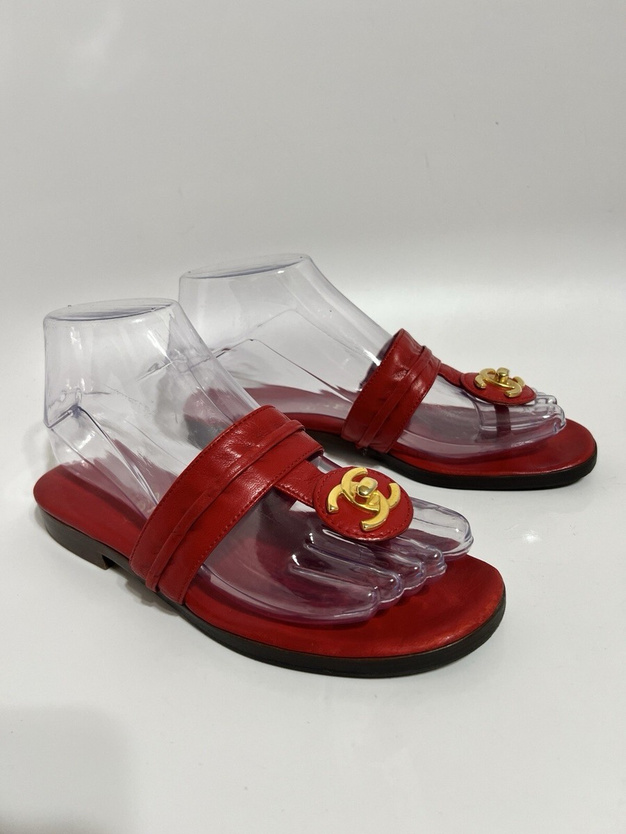 Vtg Chanel Red Leather CC Logo Turn Lock Sandals 36.5 | eBay