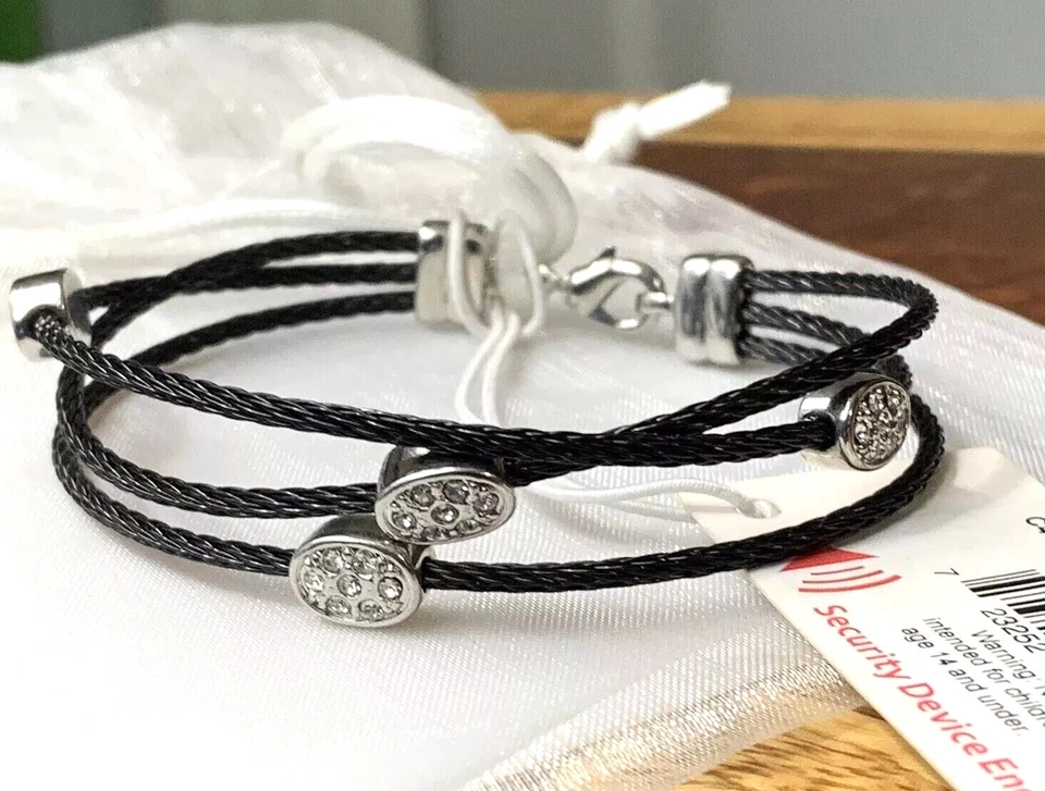 NOS NEW KOHL'S Black Stainless Steel Pave CZ Crystal Stone Triple Cable Bracelet - Image 2 of 4