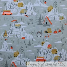 BonEful FABRIC FQ Cotton Quilt Green White Scenic Snow Tree Camp Tent Log Cabin