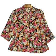 Talbots Shirt Women 18W Multicolor Linen Floral Button Up Woven 3/4 Sleeve Top