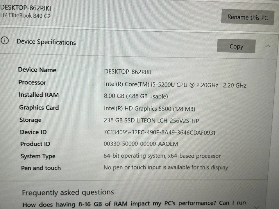 HP EliteBook 840 G2 i5 5200U 2.2GHz 8GB RAM 240GB SSD 14" Windows 10 Pro - Image 4 of 4