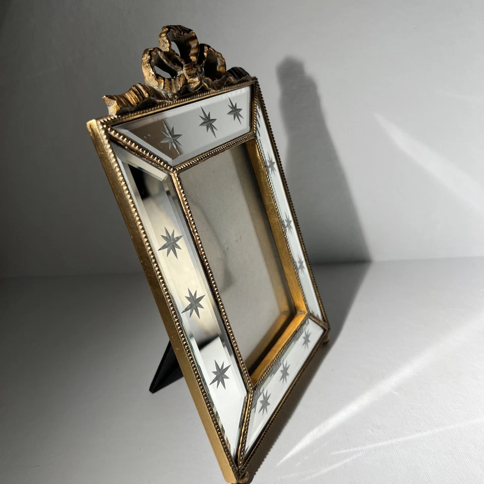 Vintage Gold Mirror Frame with Ribbon Bow and Etched Stars - Image 3 of 4