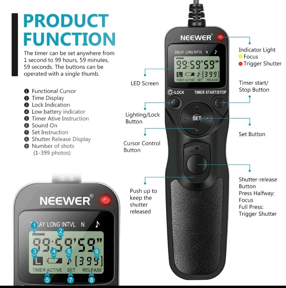 Neewer LCD Timer Shutter Release Remote Control for Canon EOS Digital Rebel - Image 2 of 4