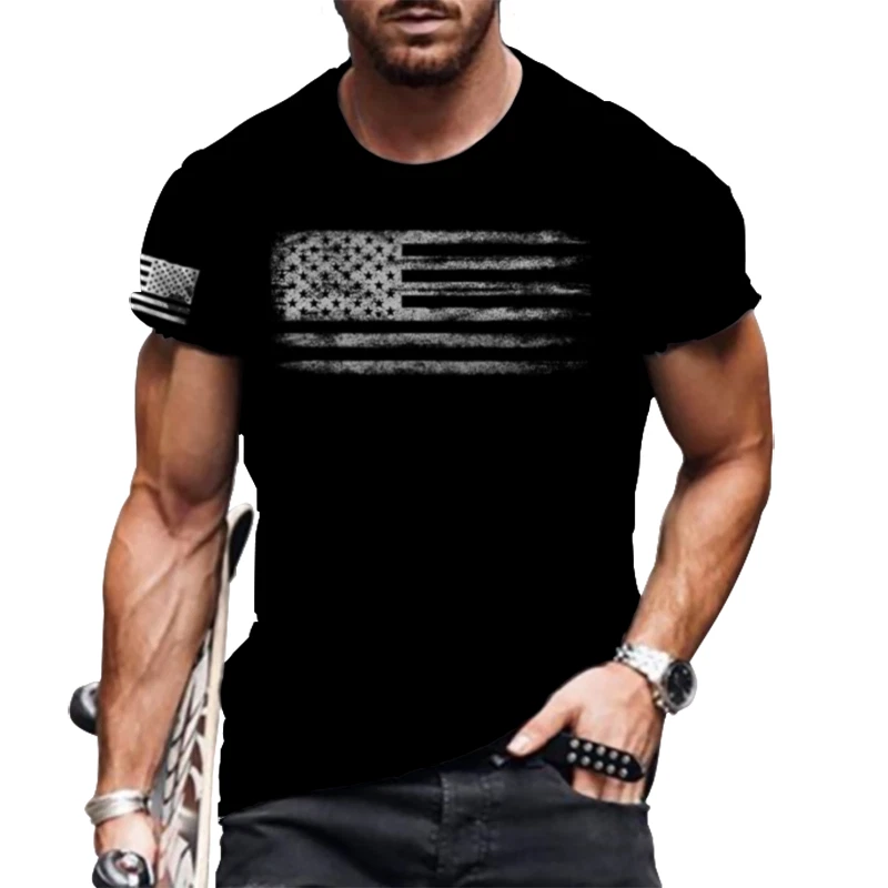 T-Shirt Men‘s Fashion Graphic American USA Flag Black Casual Short Sleeve