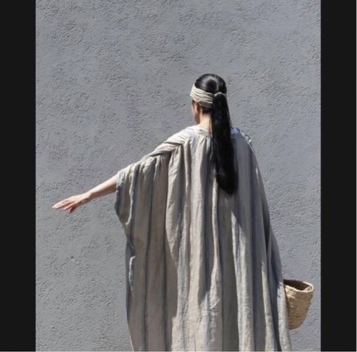 ICHI Antiquite's Linen Indigo Stripe Dress Free Size Japan Made Natural Beige - Picture 13 of 16