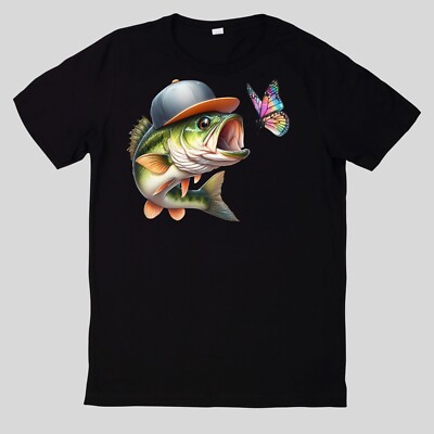 Bass Fishing With Butterflies Funny Cartoon T Shirt