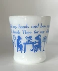 A Milk Glass FIRE KING Coffee Mug Children Praying Saying Grace Blue White VTG